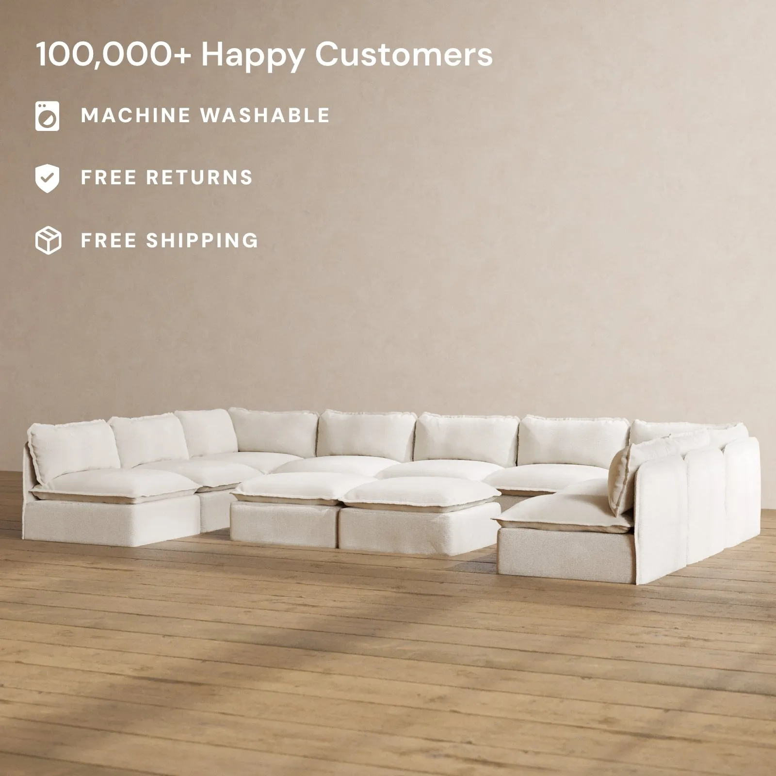Modular Washable 9-Seater Open-Ends U-Sectional   Bench Ottoman in Powder | Deluxe  Seat | Contour Pillow
