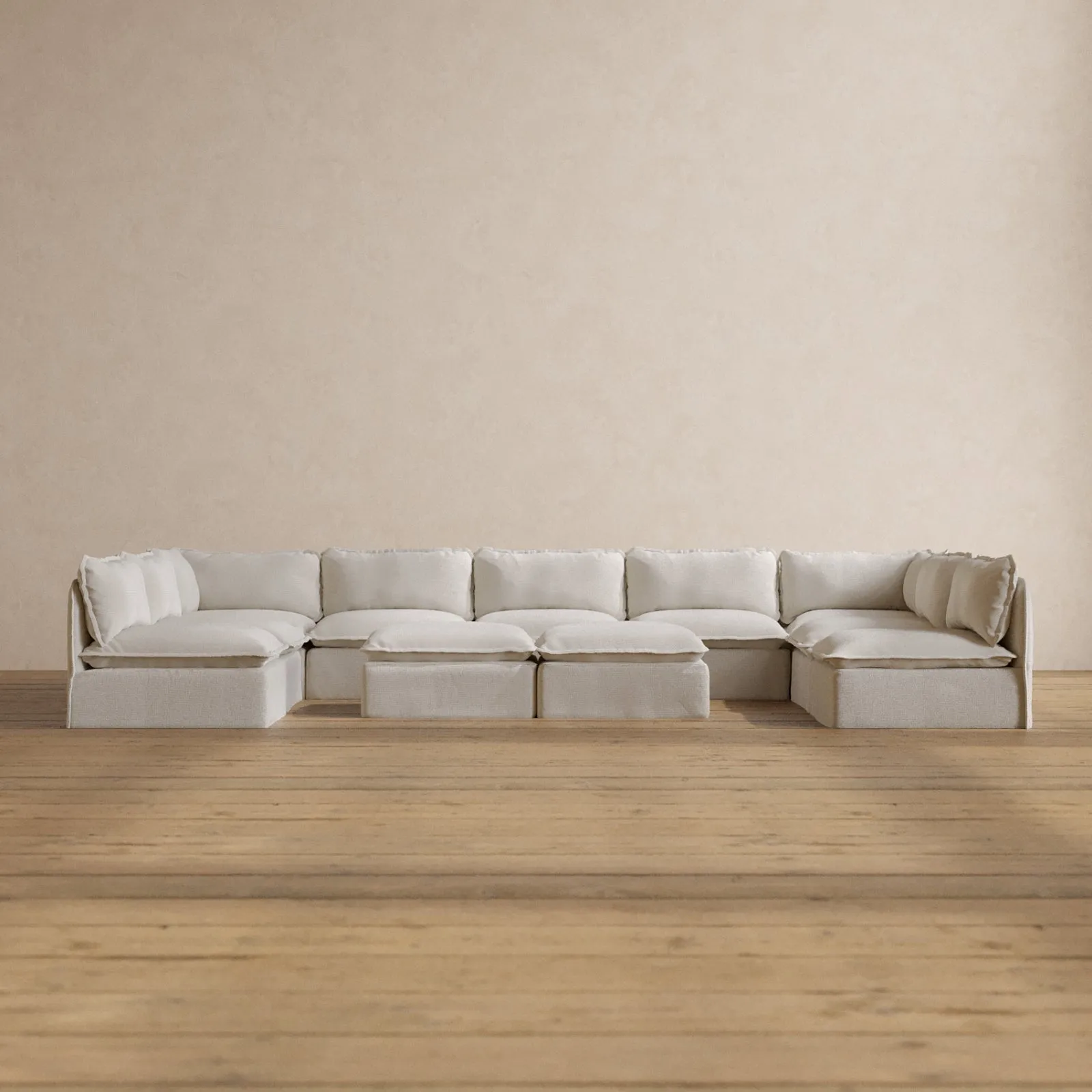 Modular Washable 9-Seater Open-Ends U-Sectional   Bench Ottoman in Powder | Deluxe  Seat | Contour Pillow