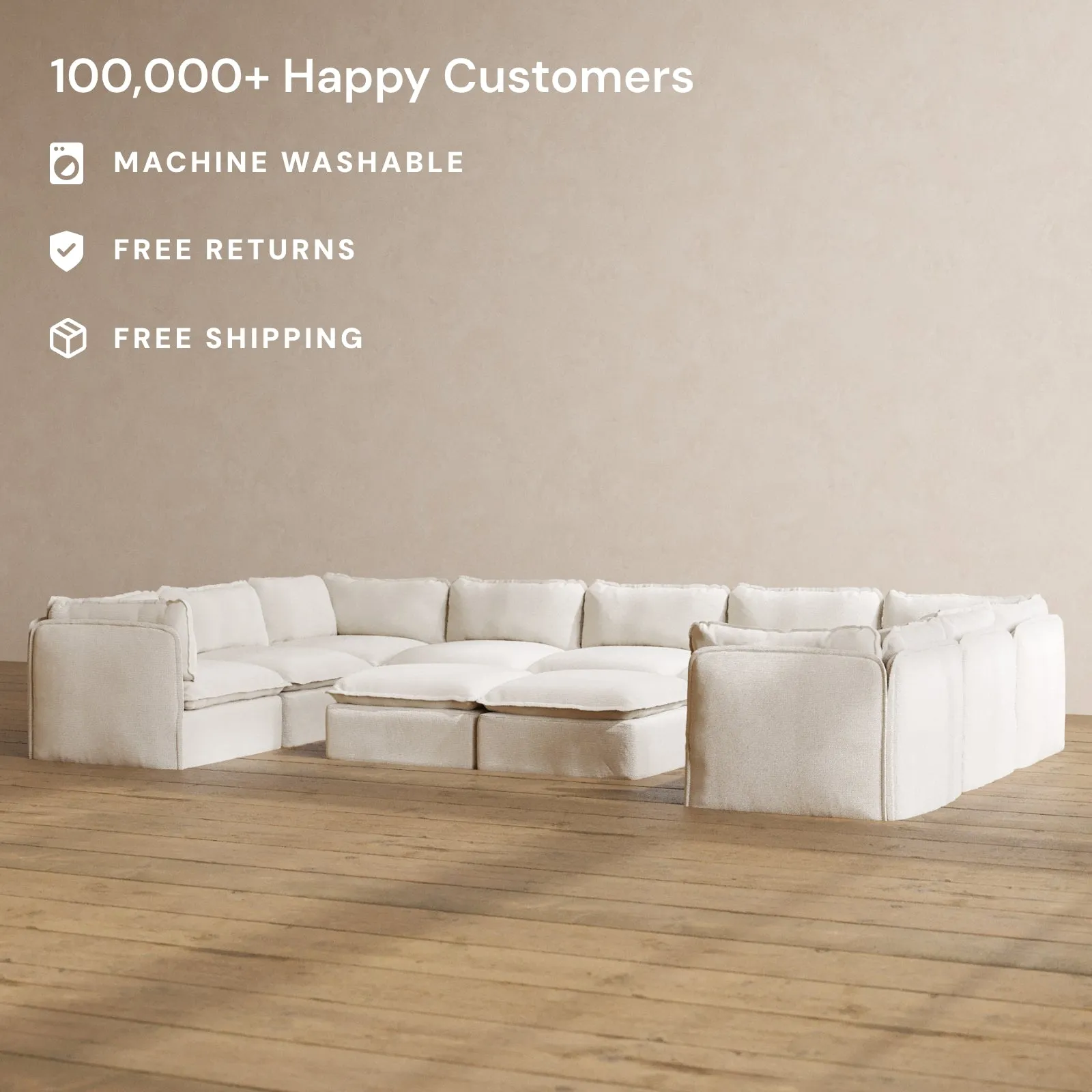 Modular Washable 9-Seater U-Sectional   Bench Ottoman in Powder | Deluxe  Seat | Contour Pillow