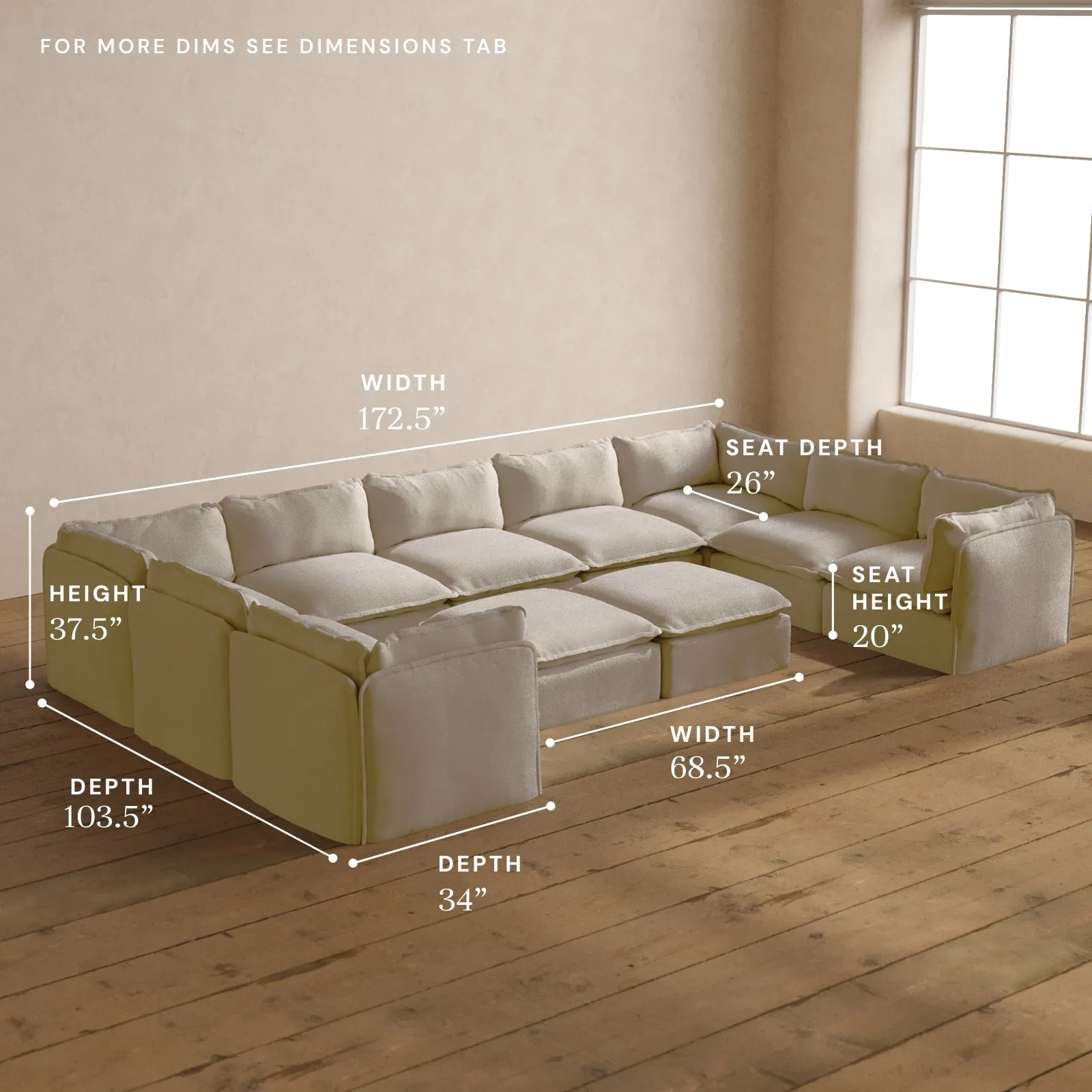 Modular Washable 9-Seater U-Sectional   Bench Ottoman in Powder | Deluxe  Seat | Contour Pillow