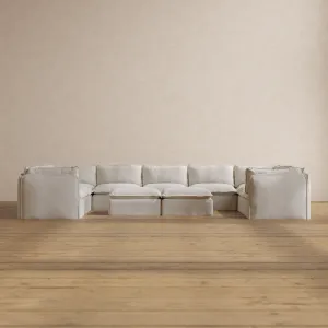 Modular Washable 9-Seater U-Sectional   Bench Ottoman in Powder | Deluxe  Seat | Contour Pillow
