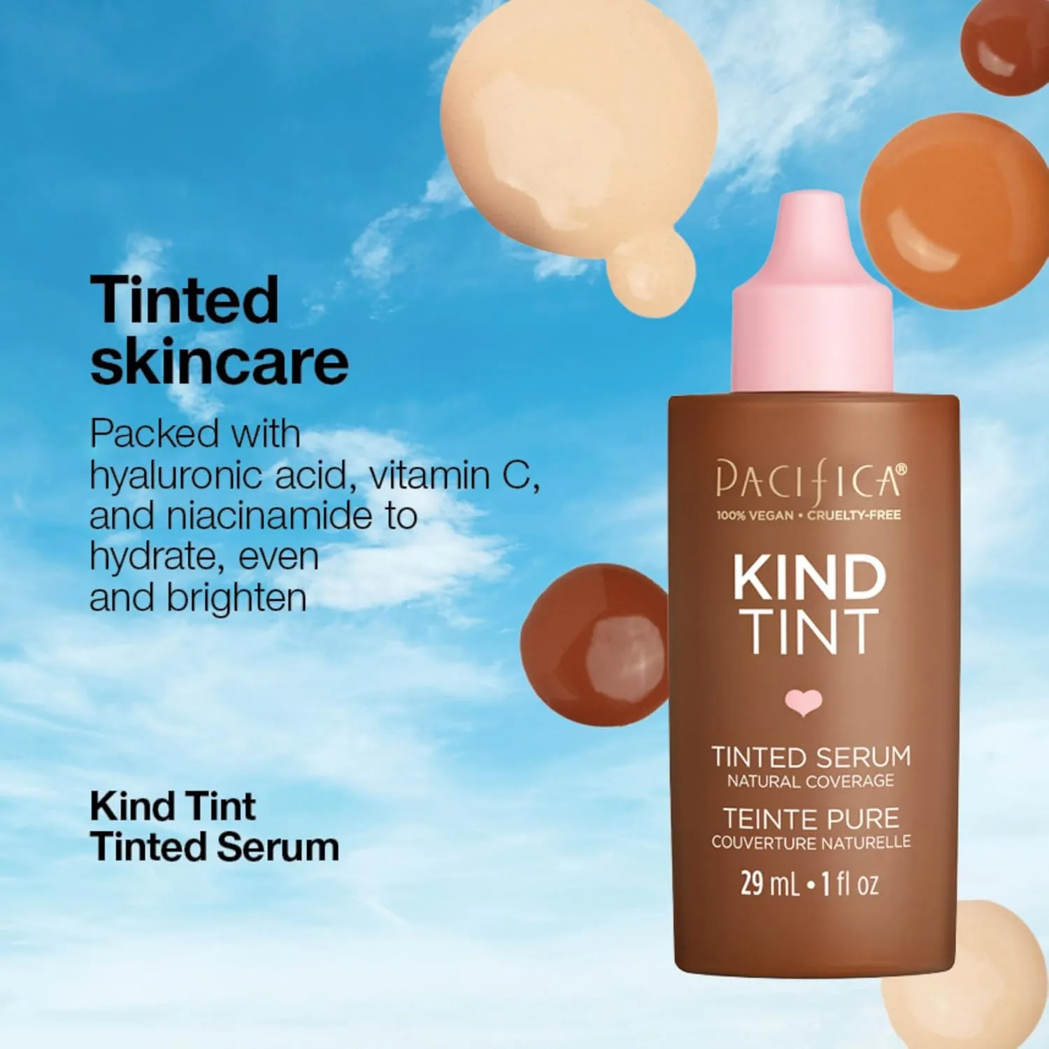 Pacifica Tinted Moisturizer  Kind Tint Serum, Lightweight Hydrating Foundation with Vegan Collagen & Hyaluronic Acid for Dewy Glow, Buildable Coverage, Vegan, 1 fl oz (Shade 09)
