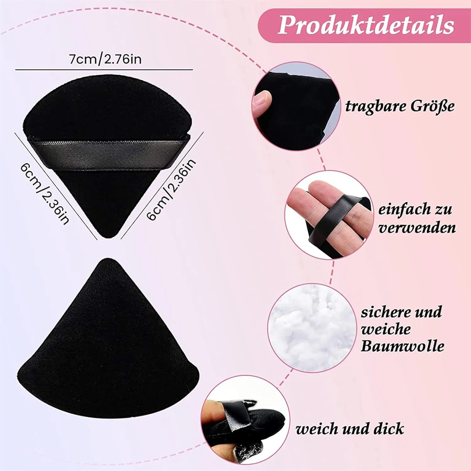 Powder Puff Face Soft Triangle Makeup Puff for Loose Powder Body Powder, Wedge Shape Velour Cosmetic Sponge Wet Dry Makeup Tool,Black