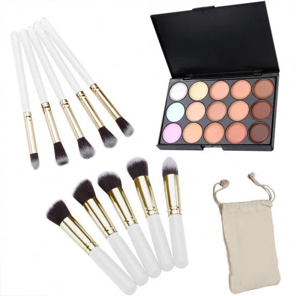 Professional 15 Colors Makeup Face Cream Concealer Palette   10 PCS Cosmetic Brushes Kit Set