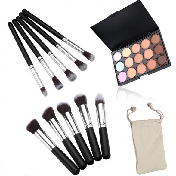 Professional 15 Colors Makeup Face Cream Concealer Palette   10 PCS Cosmetic Brushes Kit Set