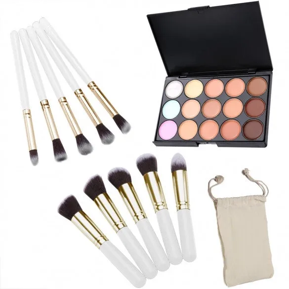 Professional 15 Colors Makeup Face Cream Concealer Palette   10 PCS Cosmetic Brushes Kit Set