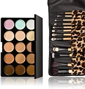 Pure Vie Pro 12 Pcs Make Up Brushes   15 Colors Cream Concealer Camouflage Makeup Palette Contouring Kit for Salon and Daily Use
