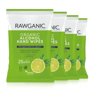 Rawganic Organic Alcohol Hand Wipes | Plastic free, 100% biodegradable Hand wipes | 4 Packs