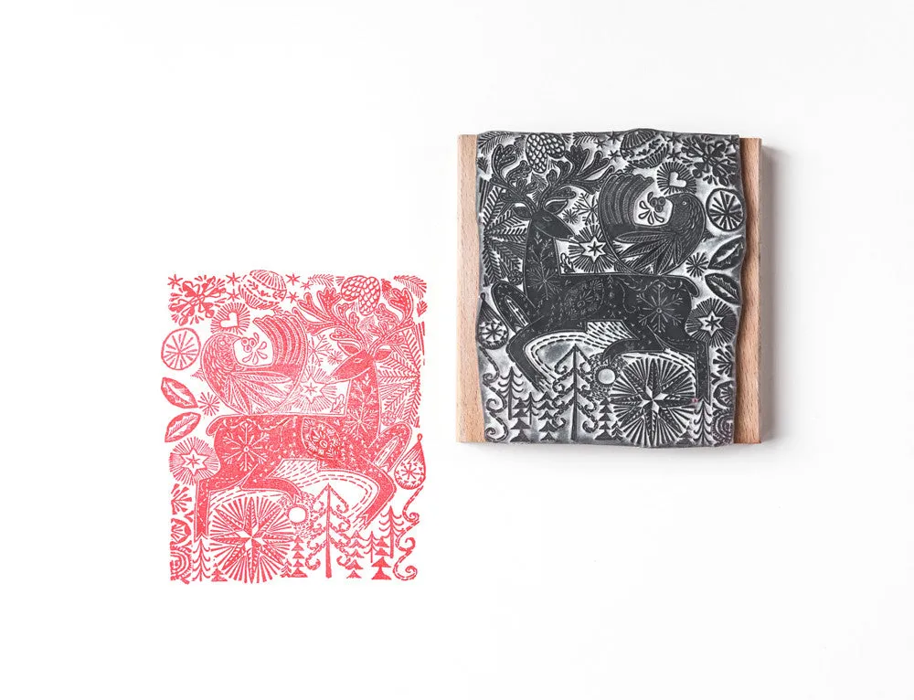 Reindeer and Bird Christmas Rubber Stamp