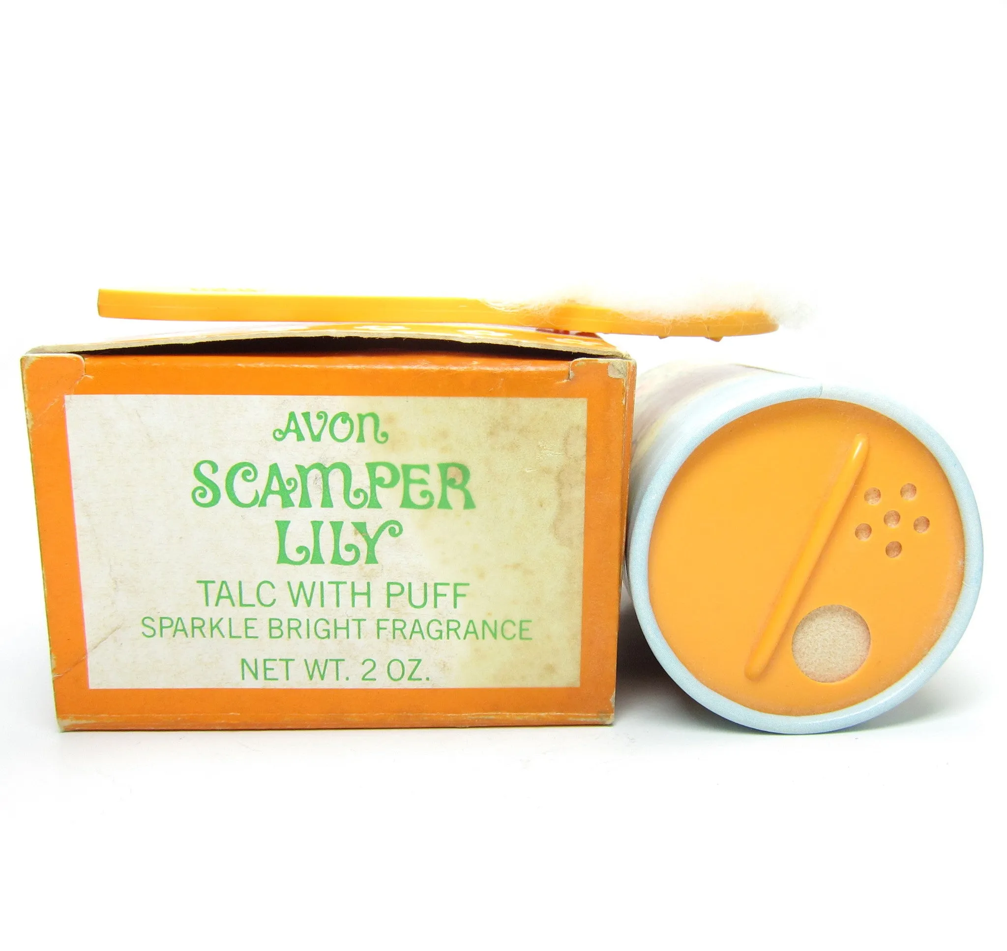 Scamper Lily Powder Vintage Avon Sparkle Bright Talc with Puff