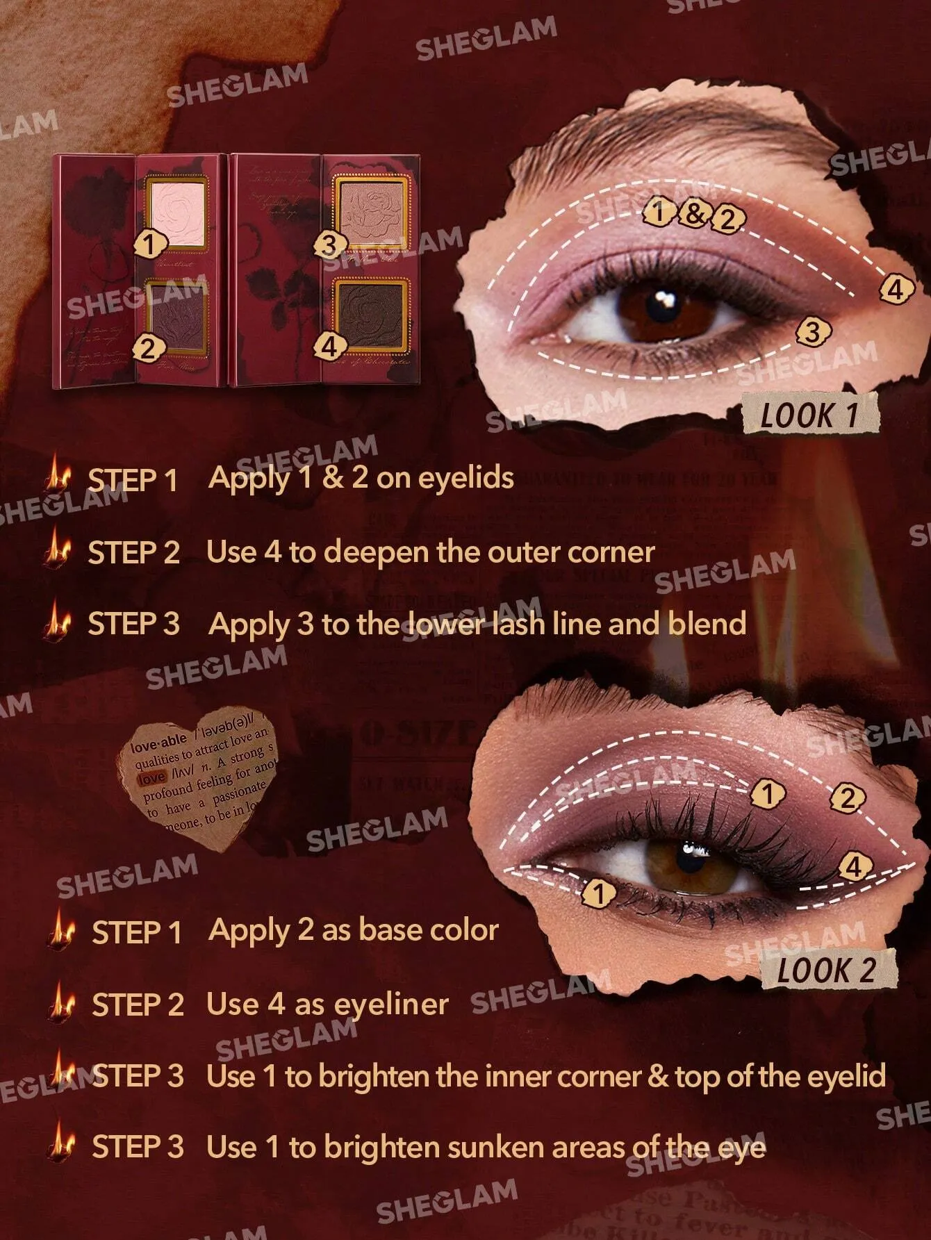 SHEGLAM Ember Rose Burning Devotion Color Palette 4 Colors Valentines Gift Eyeshadow Palette Creamy Matte Long-Lasting High Pigment Vegan Eyeshadow