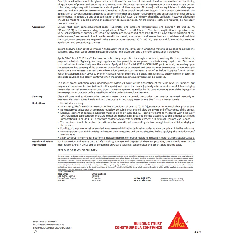 Sika® Level-01 Primer CA one-component, water-dispersed, solvent-free, acrylic-based solution used to prime