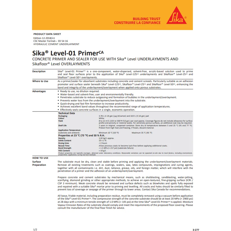 Sika® Level-01 Primer CA one-component, water-dispersed, solvent-free, acrylic-based solution used to prime