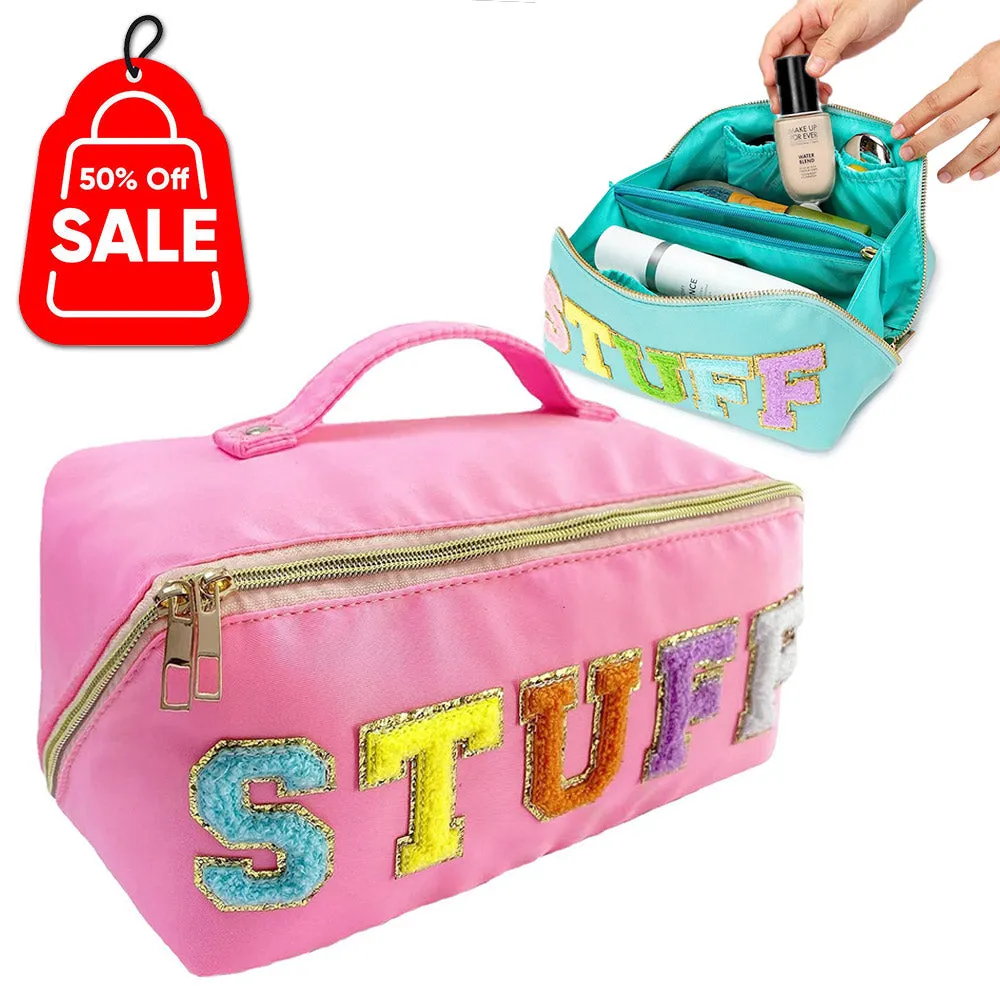 Travel Makeup Bag,Large Capacity Cosmetic Bags for Women,Waterproof Portable Pouch Open Flat Toiletry Bag Make up Organizer with Divider and Handle (pink, Large))
