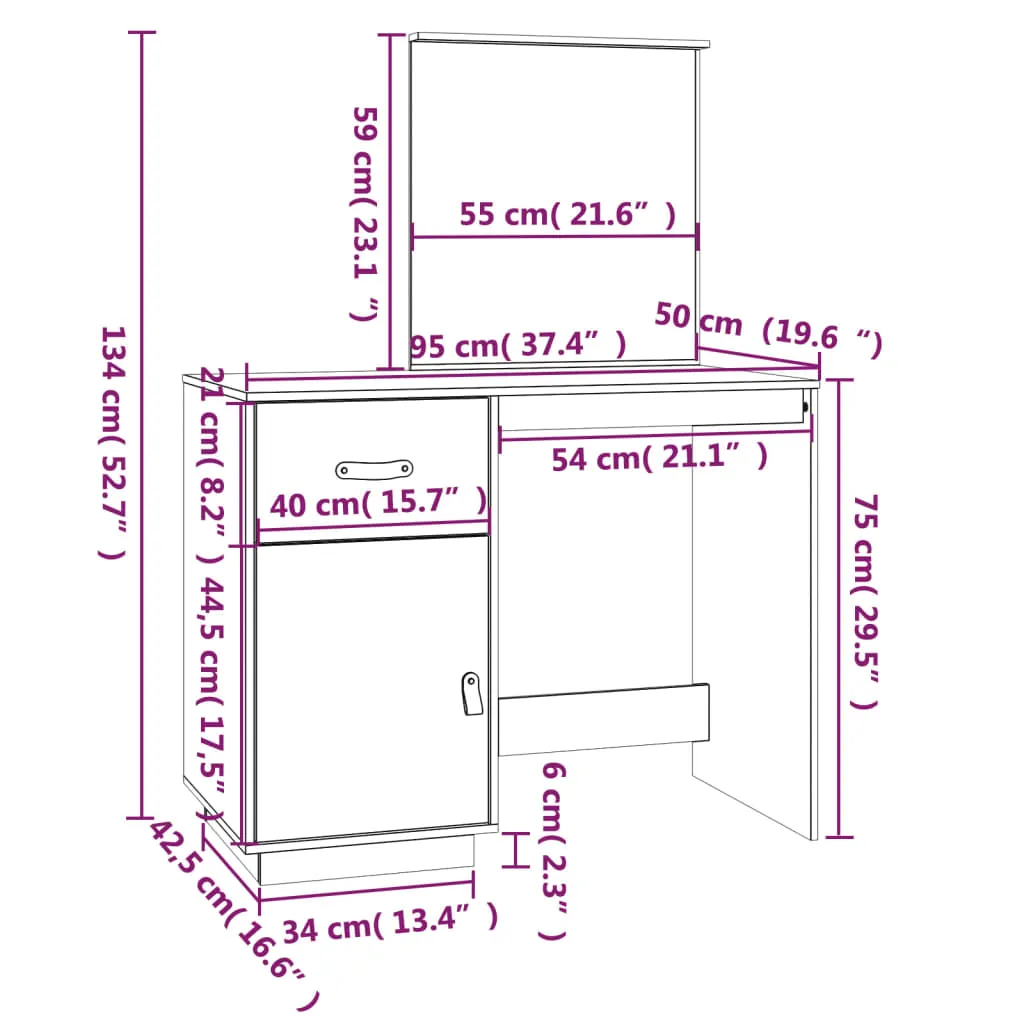 vidaXL Dressing Table White 95x50x134 cm Solid Wood Pine