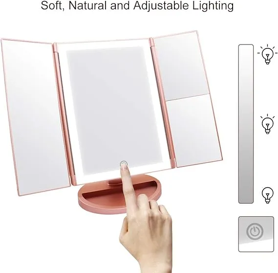 WEILY Rose Gold Light Vanity Makeup Mirror 1x/2x/3x Magnification Trifold with 36 LED Lights Touch Screen and USB charging, 180 Degree Adjustable Stand for Countertop Cosmetic Makeup Mirror(Rose Gold)