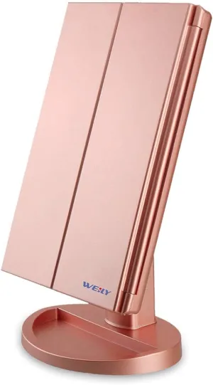 WEILY Rose Gold Light Vanity Makeup Mirror 1x/2x/3x Magnification Trifold with 36 LED Lights Touch Screen and USB charging, 180 Degree Adjustable Stand for Countertop Cosmetic Makeup Mirror(Rose Gold)