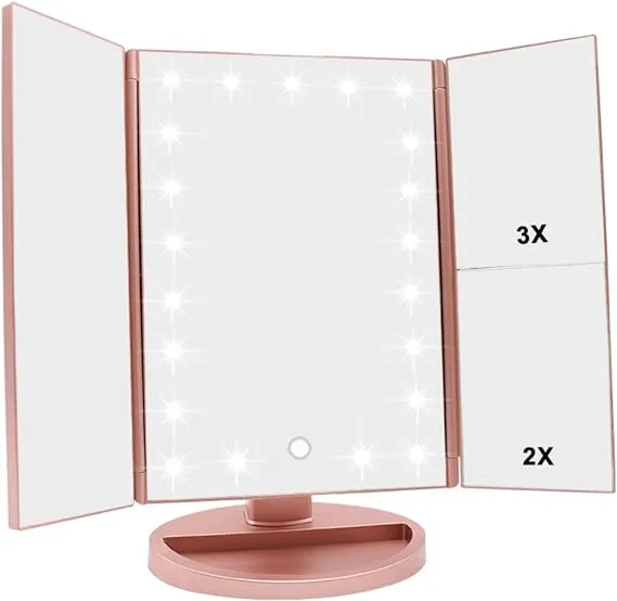 WEILY Rose Gold Light Vanity Makeup Mirror 1x/2x/3x Magnification Trifold with 36 LED Lights Touch Screen and USB charging, 180 Degree Adjustable Stand for Countertop Cosmetic Makeup Mirror(Rose Gold)
